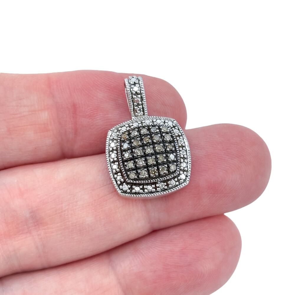 Vintage Sterling Silver 925 White Black Diamond Cushion Pendant